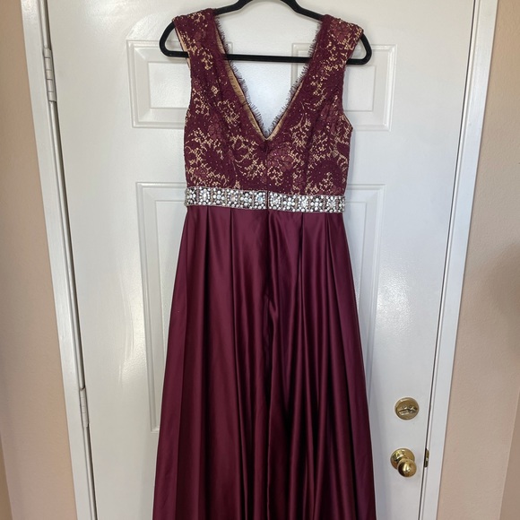 Jovani Wine Colored Satin Ballgown - Picture 6 of 10